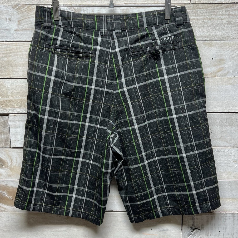 Oneill Shorts Men 33 Green Gray‎ Plaid 11" Triumph Chino Pockets Surfer Skater